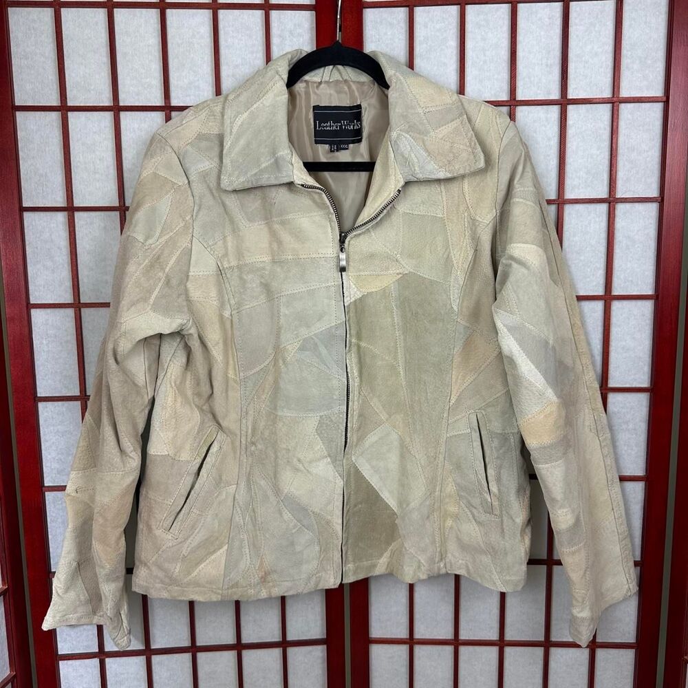 Vintage Patchwork Leather Suede Zip Up Beige Cream Bomber Jacket